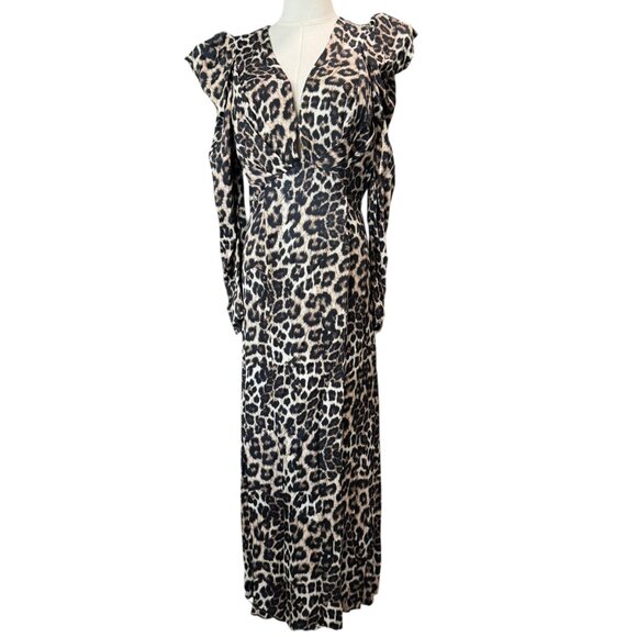 Farm Rio Leopard Print Midi Dress Long Sleeve Ruffle Shoulder Plunge V-Neck Sz S - Picture 2 of 10